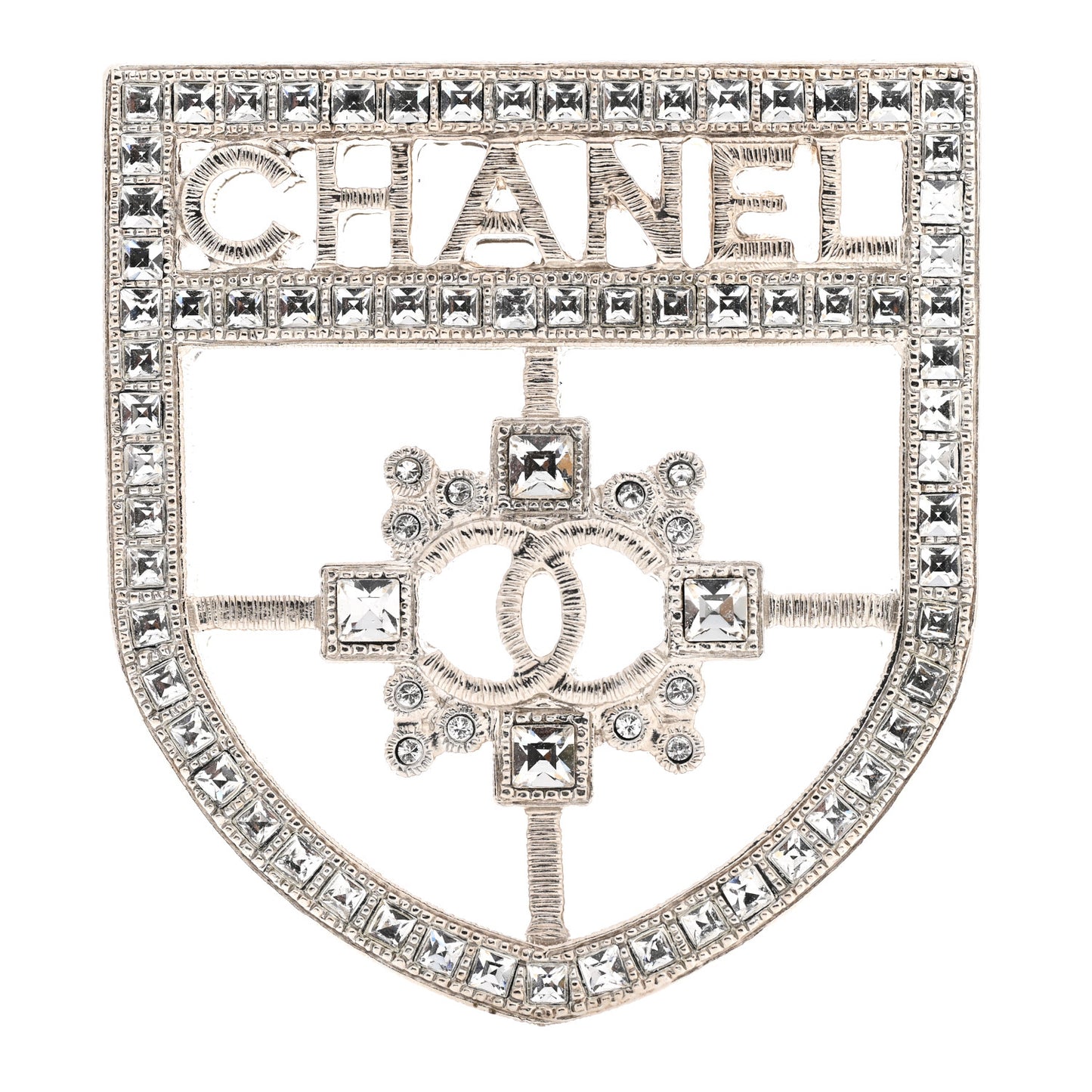 Swarovski Baguette Crystal CC Shield Brooch Silver
