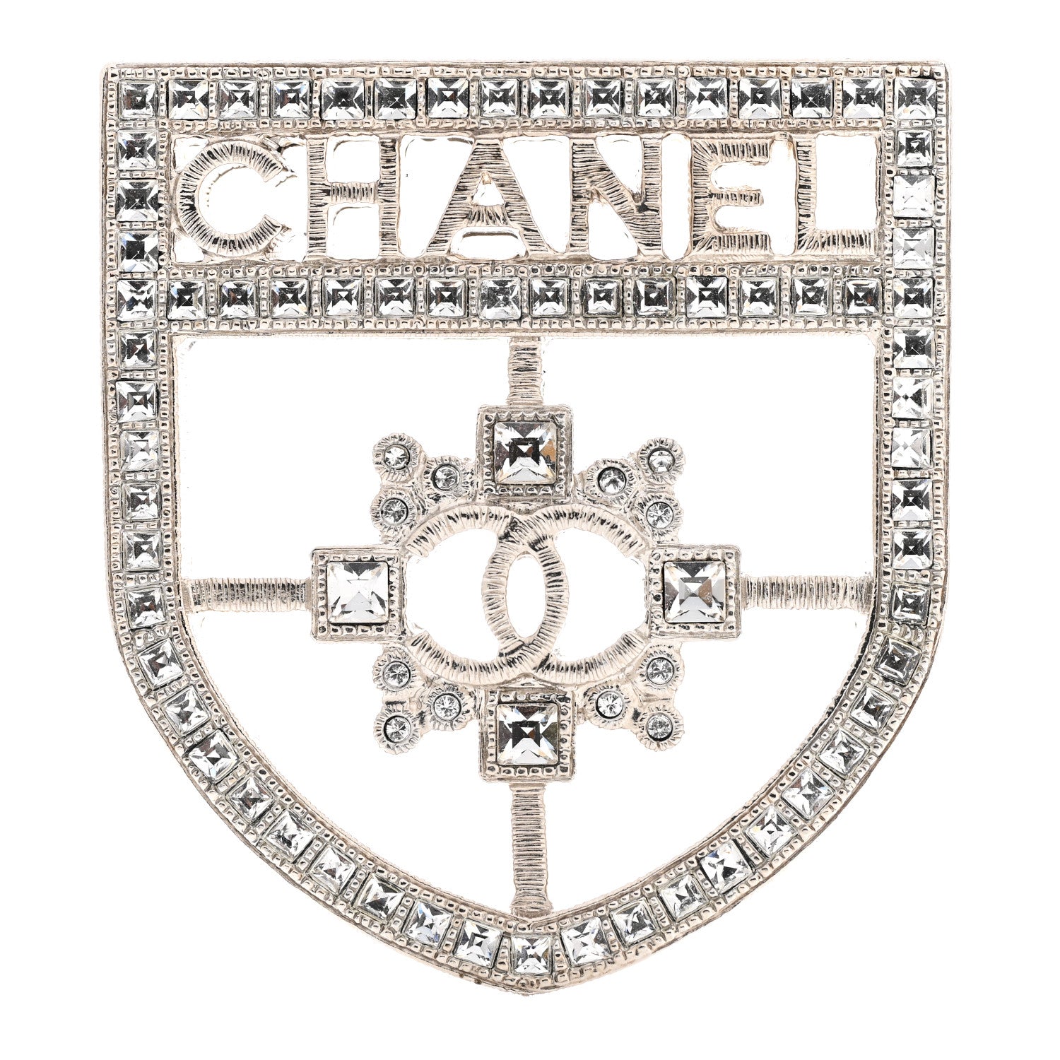 Chanel Swarovski Baguette Crystal CC Shield Brooch Silver 1 of 5