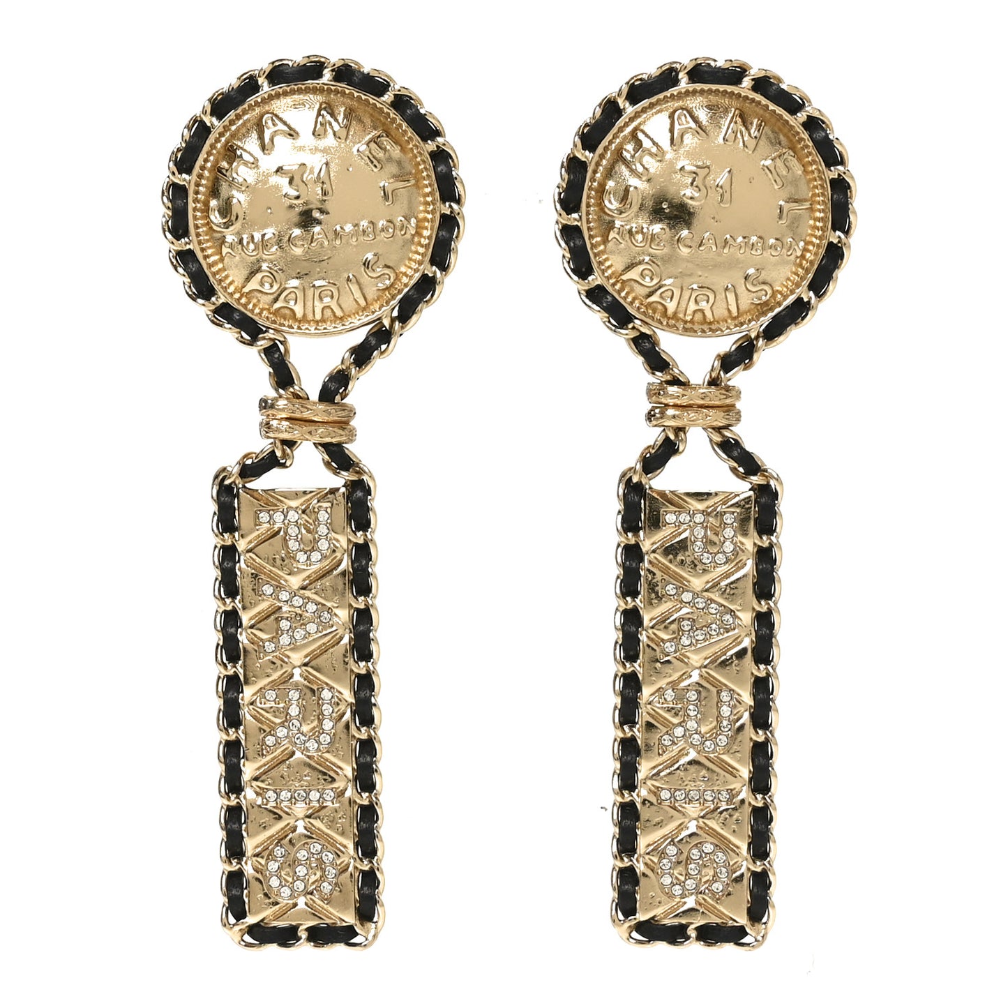 Metal Lambskin Quilted Medallion Drop Earrings Gold Black
