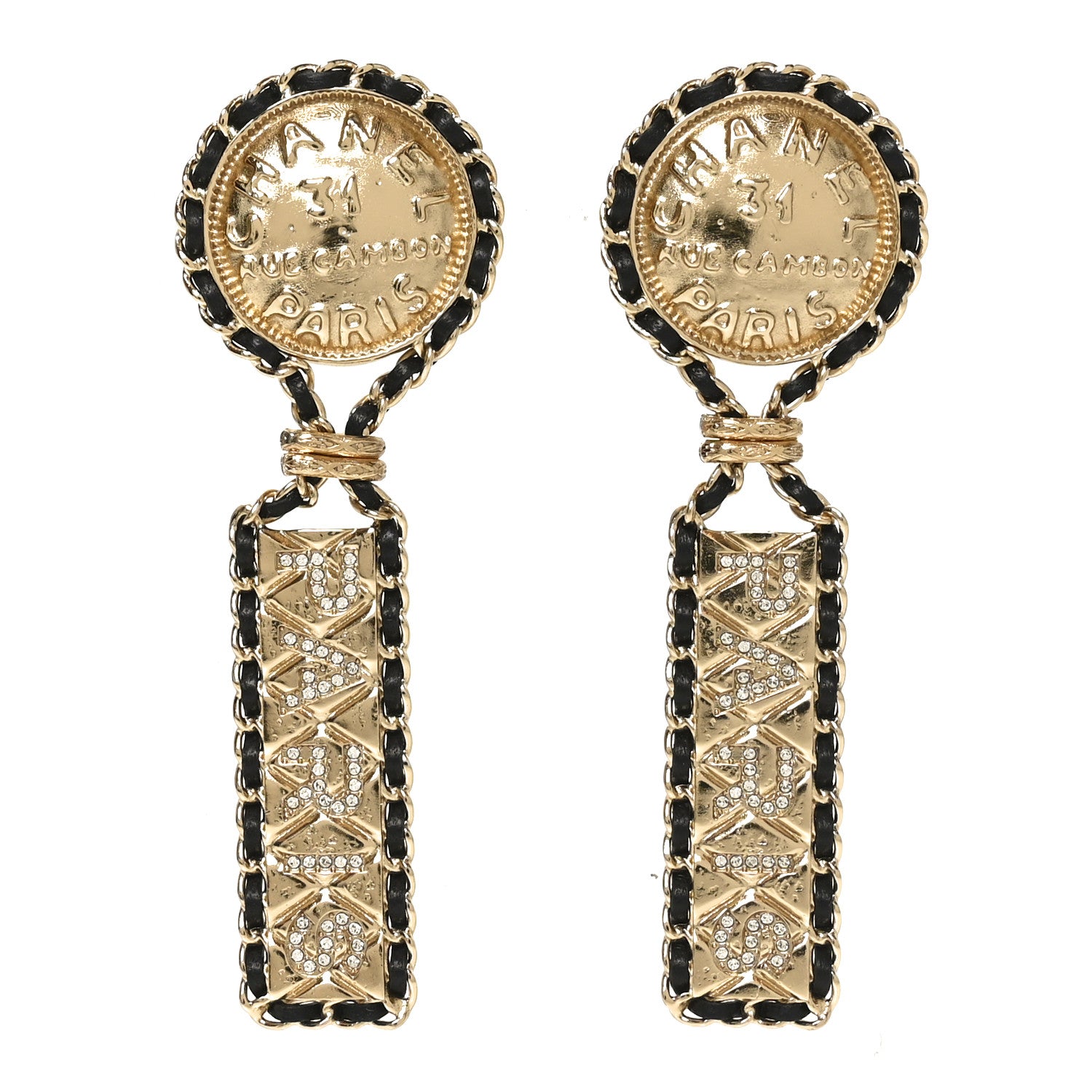 Chanel Metal Lambskin Quilted Medallion Drop Earrings Gold Black 1 of 4