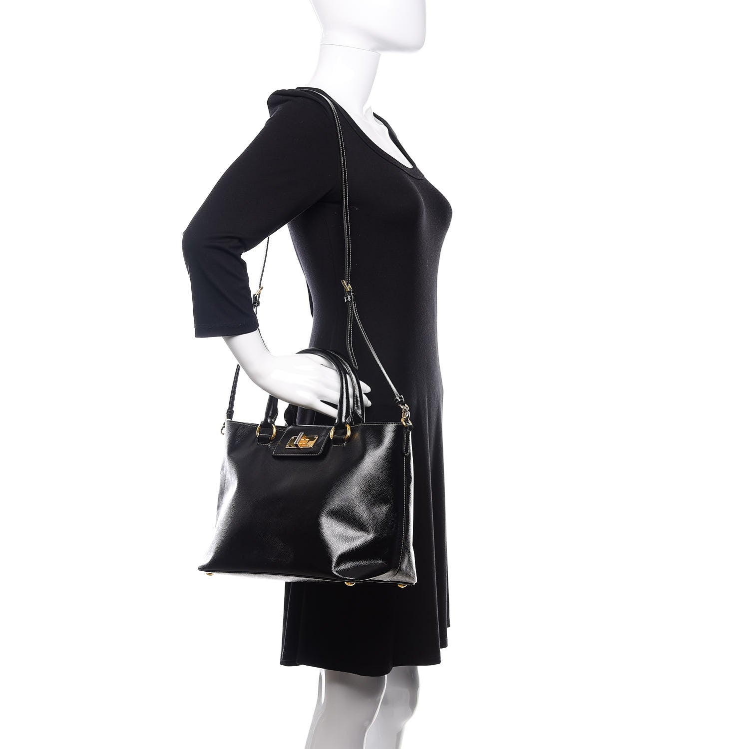 Prada Saffiano Vernice Turn Lock Shopping Tote Black 2 of 11