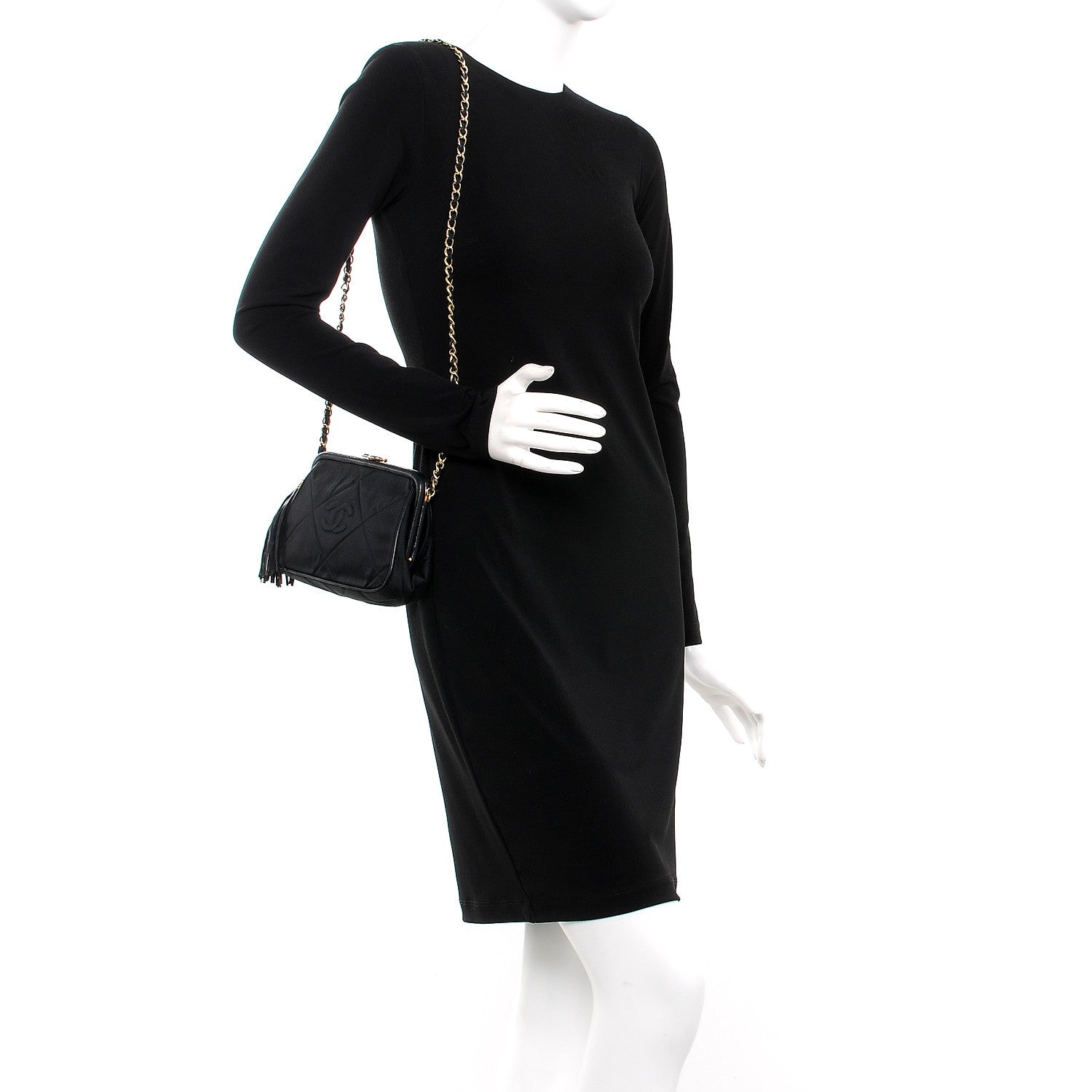 Chanel Satin Quilted Tassel Frame Crossbody Black 2 of 11