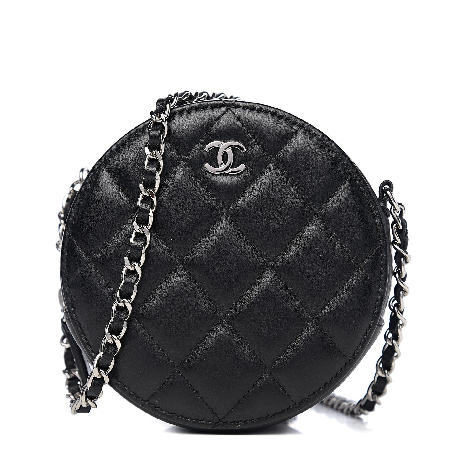 Lambskin Quilted Round Clutch With Chain Black