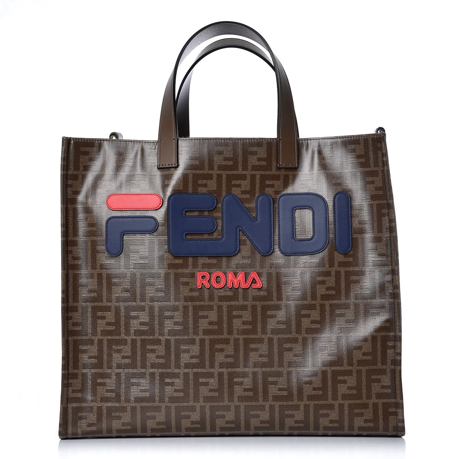 Fendi X FILA Glazed Fabric FF 1974 Mania Shopping Tote Bag Mogano Panna Blueberry 1 of 7