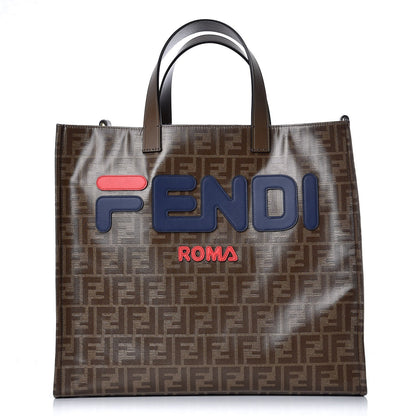Fendi X FILA Glazed Fabric FF 1974 Mania Shopping Tote Bag Mogano Panna Blueberry 1 of 7