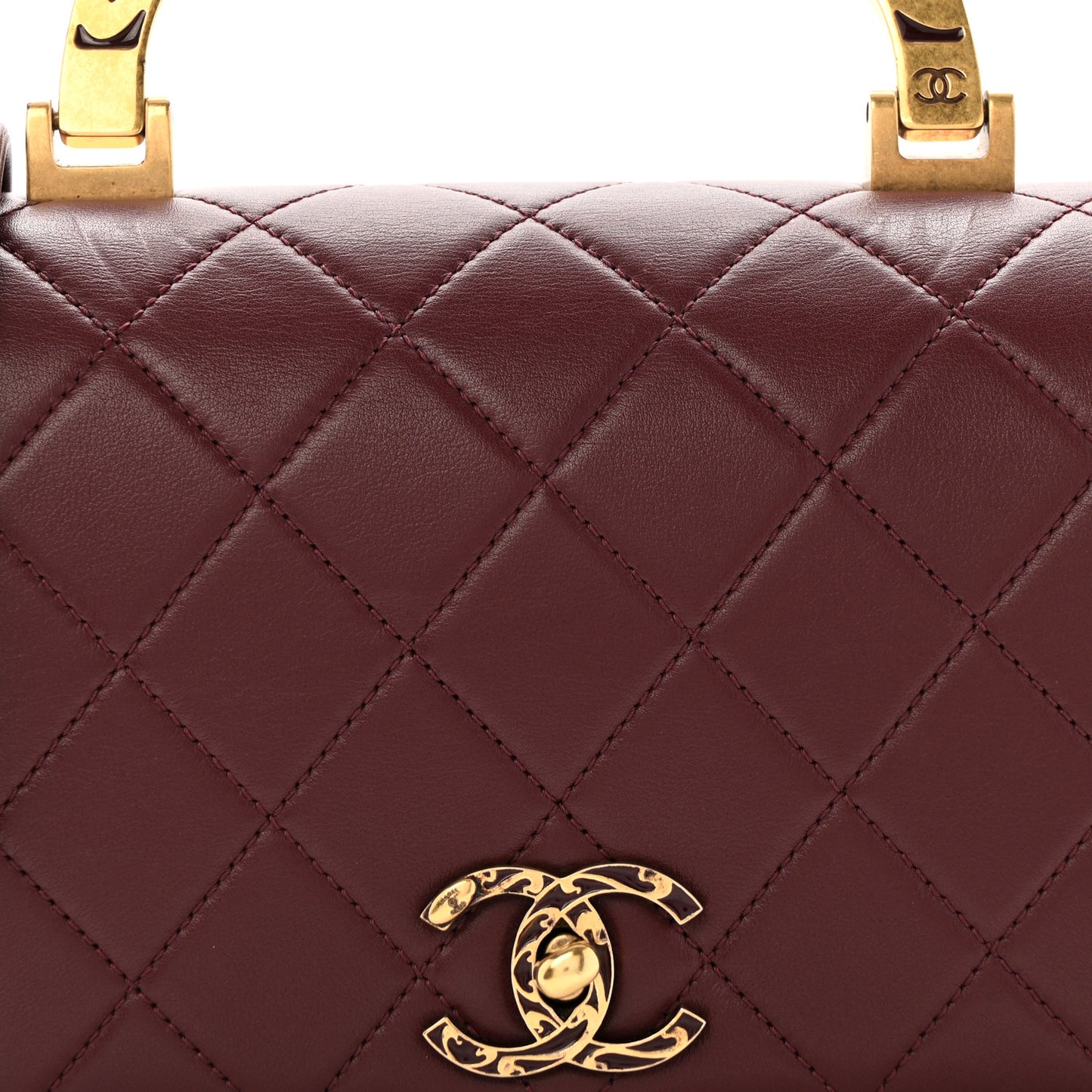 Iridescent Sheepskin Quilted Enamel Top Handle Bag Burgundy