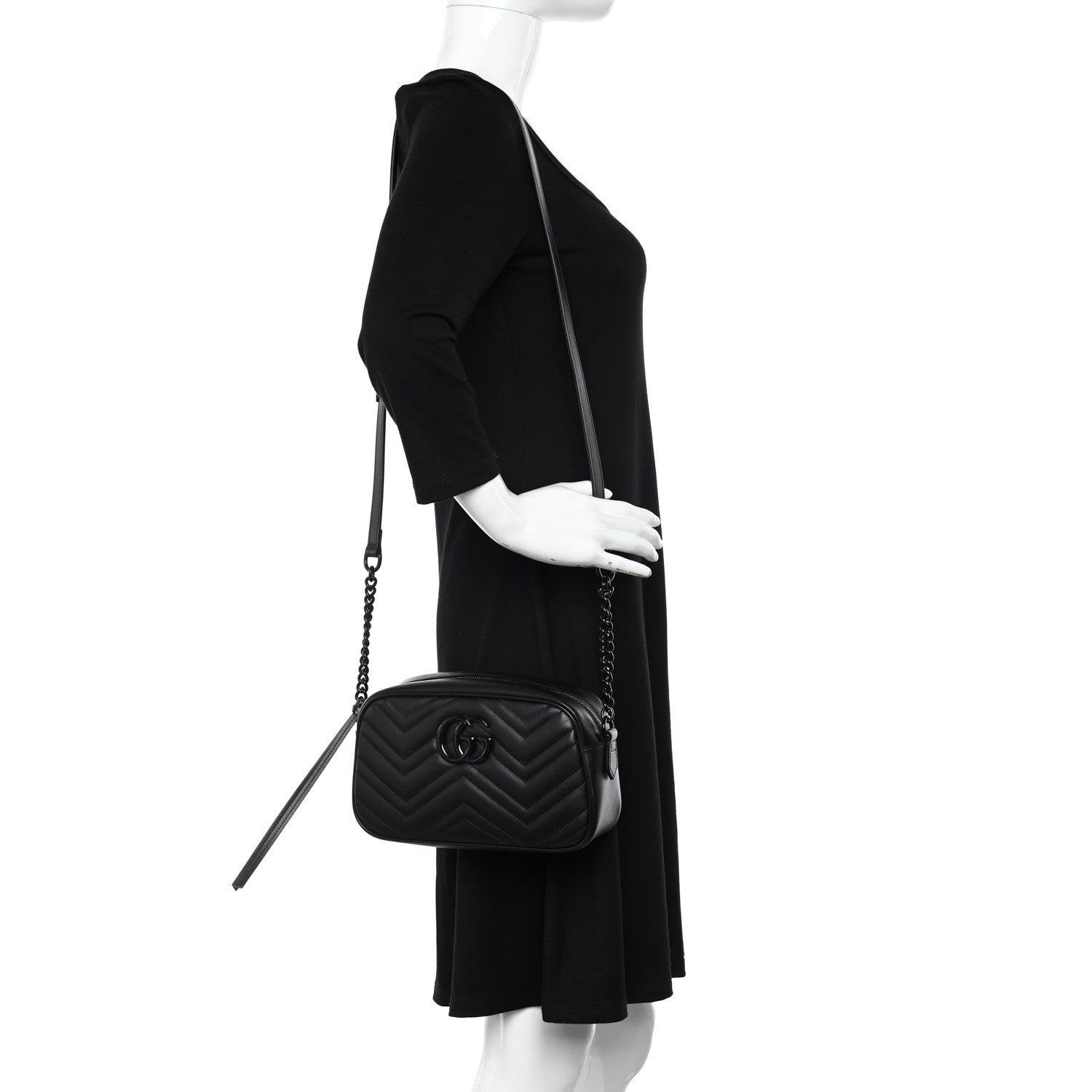 Gucci Calfskin Matelasse Monochrome Small GG Marmont Chain Shoulder Bag Black 2 of 11
