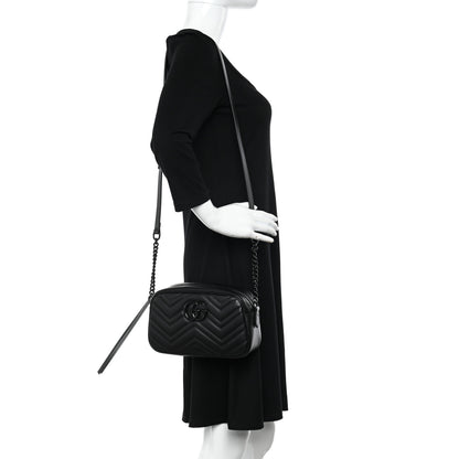 Gucci Calfskin Matelasse Monochrome Small GG Marmont Chain Shoulder Bag Black 2 of 11