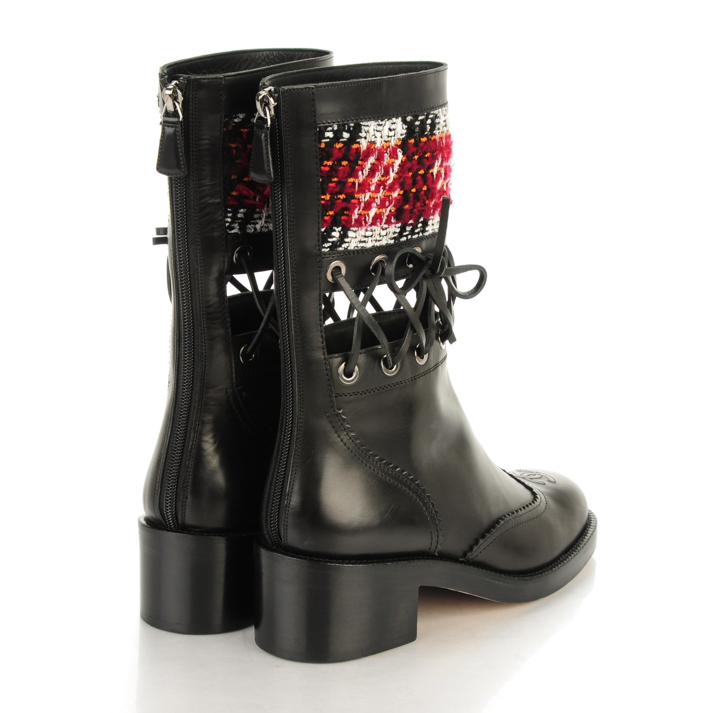 Tweed Calfskin Lace Up Short Boots 39 Black White Burgundy