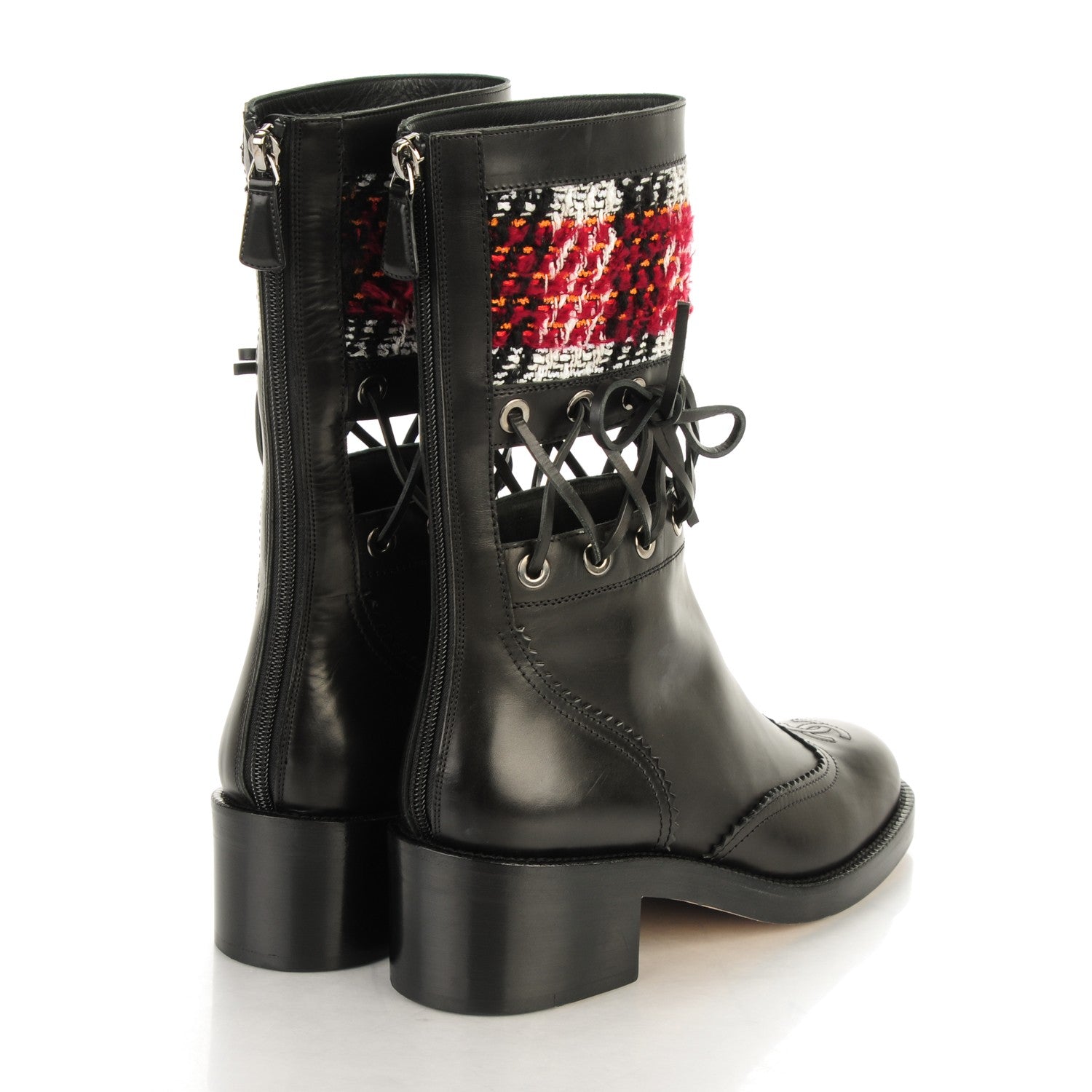 Chanel Tweed Calfskin Lace Up Short Boots 39 Black White Burgundy 4 of 6