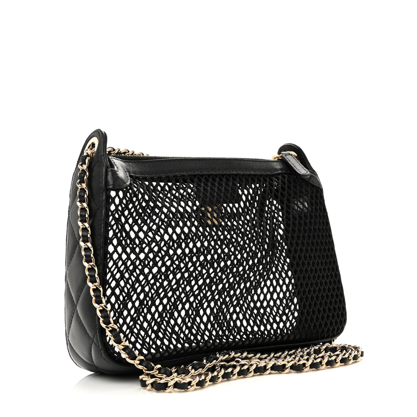Mesh Shiny Lambskin Clutch With Chain Black