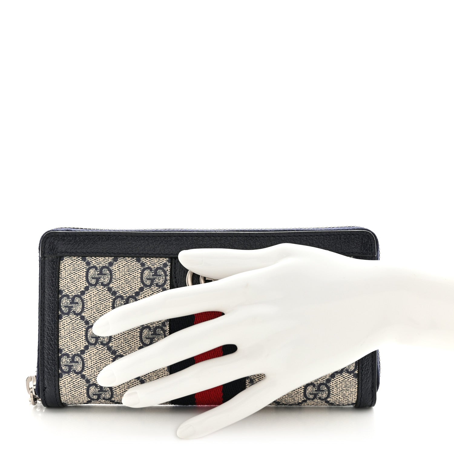 Gucci GG Supreme Monogram Textured Dollar Calfskin Web Ophidia Zip Around Wallet Beige Blue 2 of 8