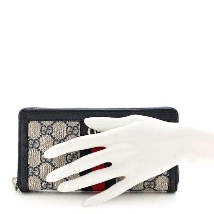 Gucci GG Supreme Monogram Textured Dollar Calfskin Web Ophidia Zip Around Wallet Beige Blue 2 of 8
