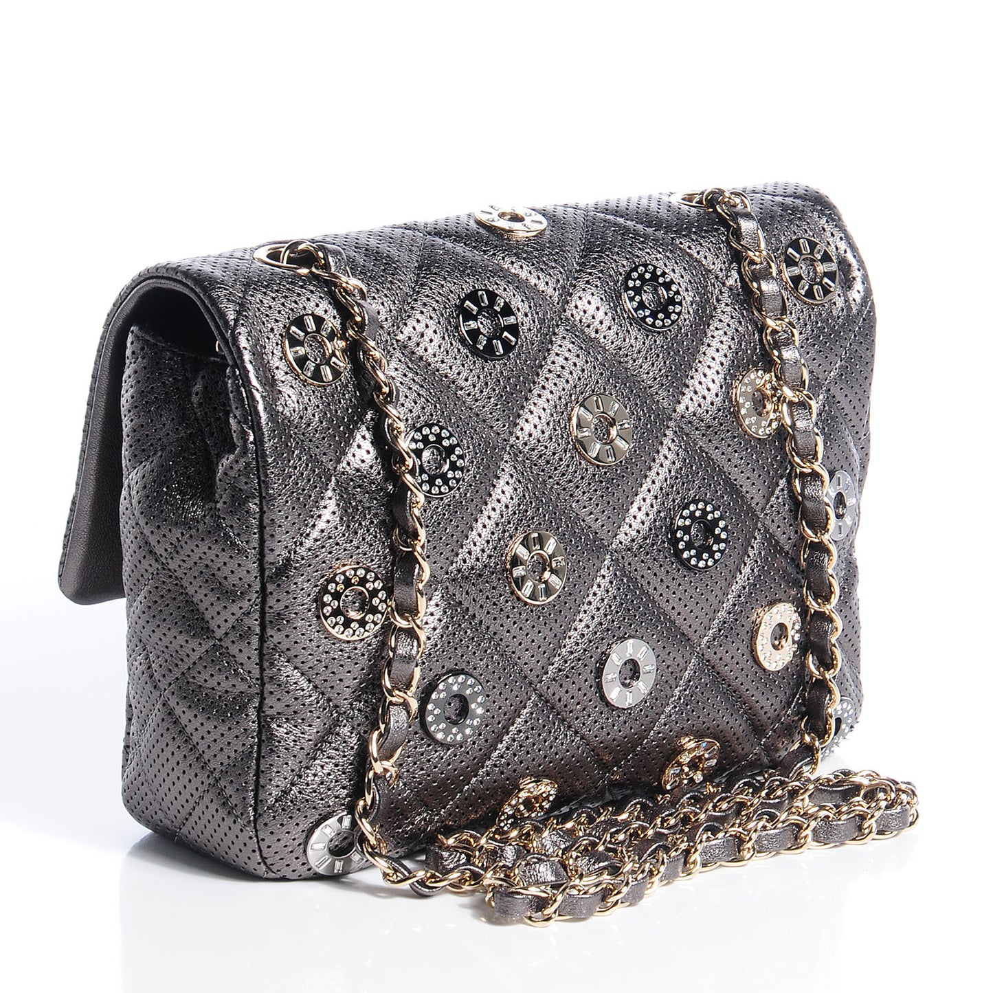 Perforated Metallic Lambskin Small CC Medals Flap Grey