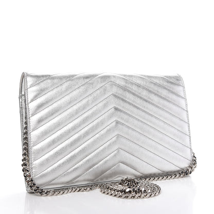 Saint Laurent Metallic Grain De Poudre Matelasse Chevron Monogram Chain Wallet Silver 3 of 11