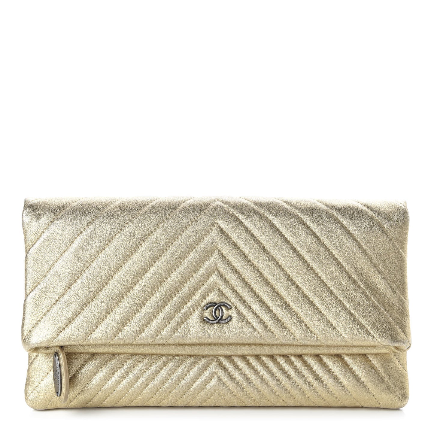 Metallic Calfskin Chevron Quilted CC Beauty Clutch Gold