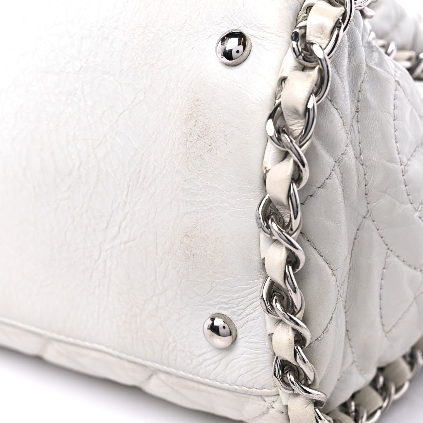 Glazed Calfskin Quilted Large Chain Me Hobo Dark White