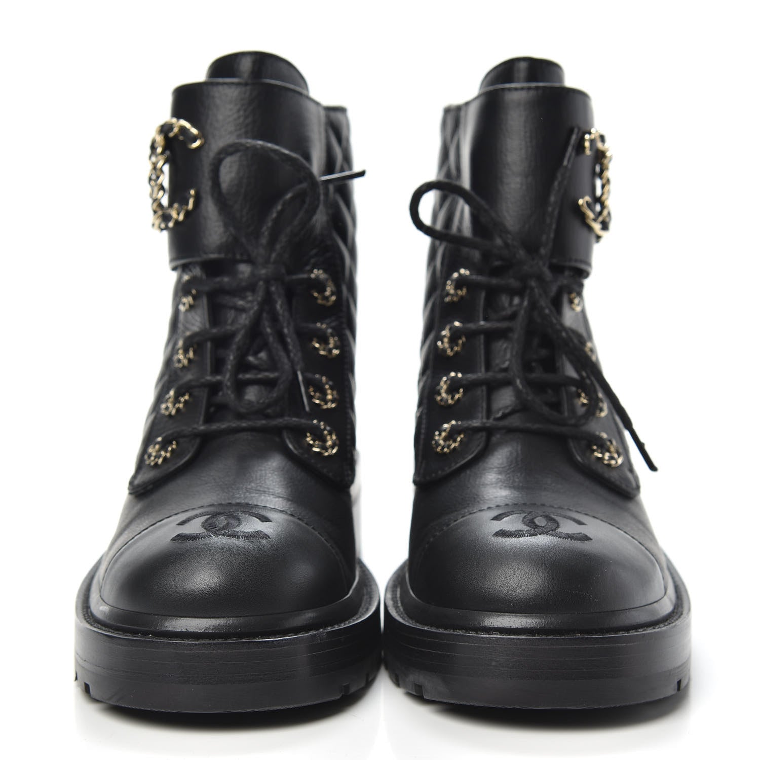 Chanel Shiny Goatskin Calfskin Quilted Lace Up Combat Boots 39 Black 2 of 9