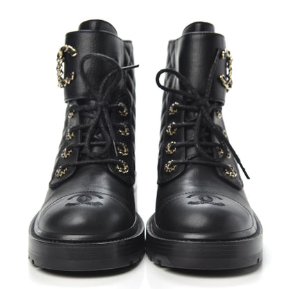 Chanel Shiny Goatskin Calfskin Quilted Lace Up Combat Boots 39 Black 2 of 9