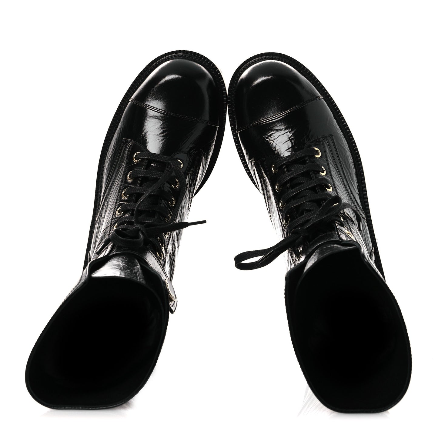 Shiny Calfskin Lace Up Combat Boots 38.5 Black