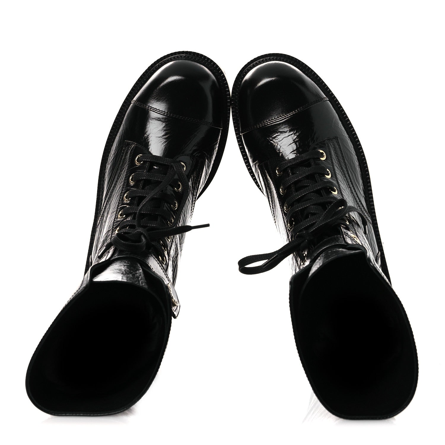 Chanel Shiny Calfskin Lace Up Combat Boots 38.5 Black 2 of 10