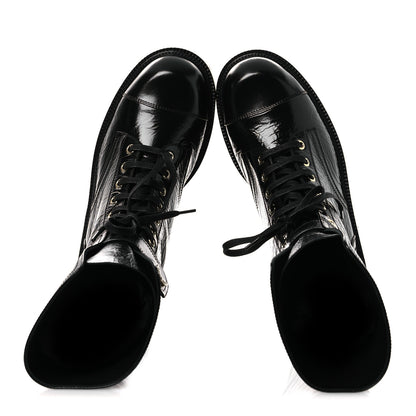 Chanel Shiny Calfskin Lace Up Combat Boots 38.5 Black 2 of 10