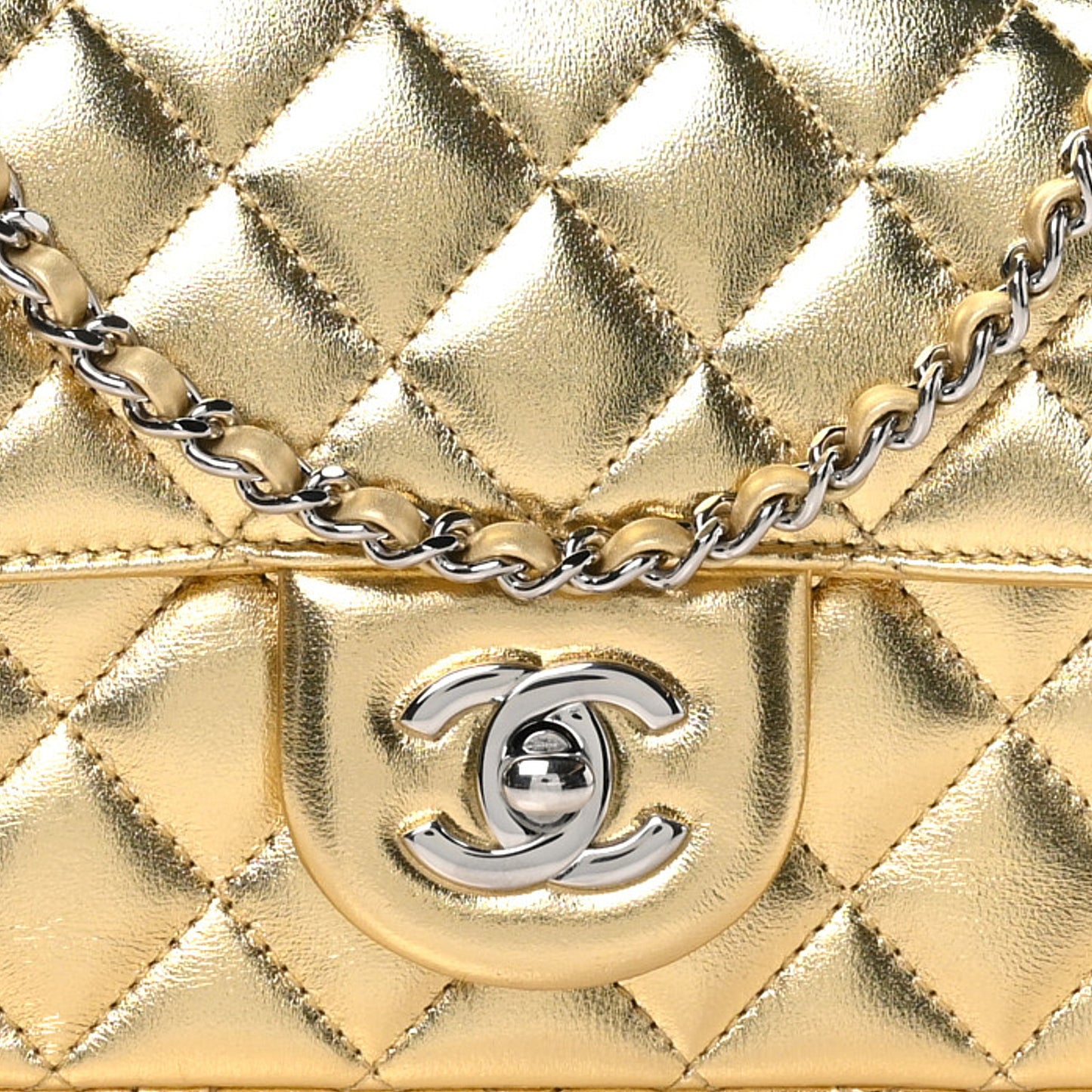 Metallic Lambskin Quilted Mini Rectangular Pearl Crush Flap  Gold