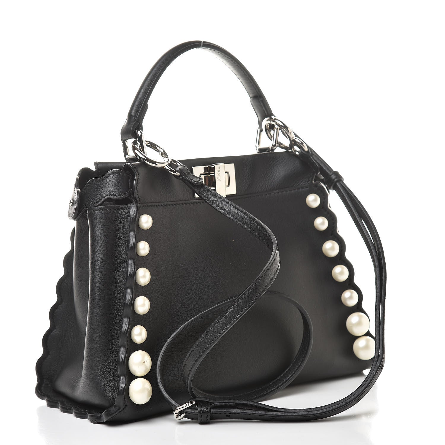 Fendi Vitello Seta Shiny Nappa Pearl Scallopped Studded Mini Peekaboo Iconic Satchel Black 3 of 13