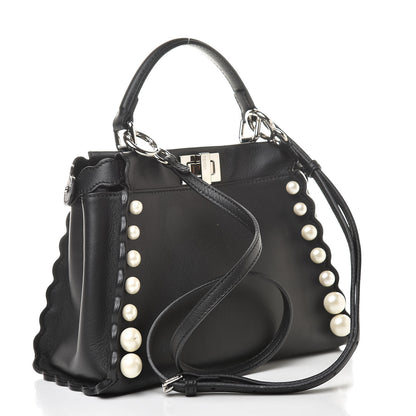 Fendi Vitello Seta Shiny Nappa Pearl Scallopped Studded Mini Peekaboo Iconic Satchel Black 3 of 13