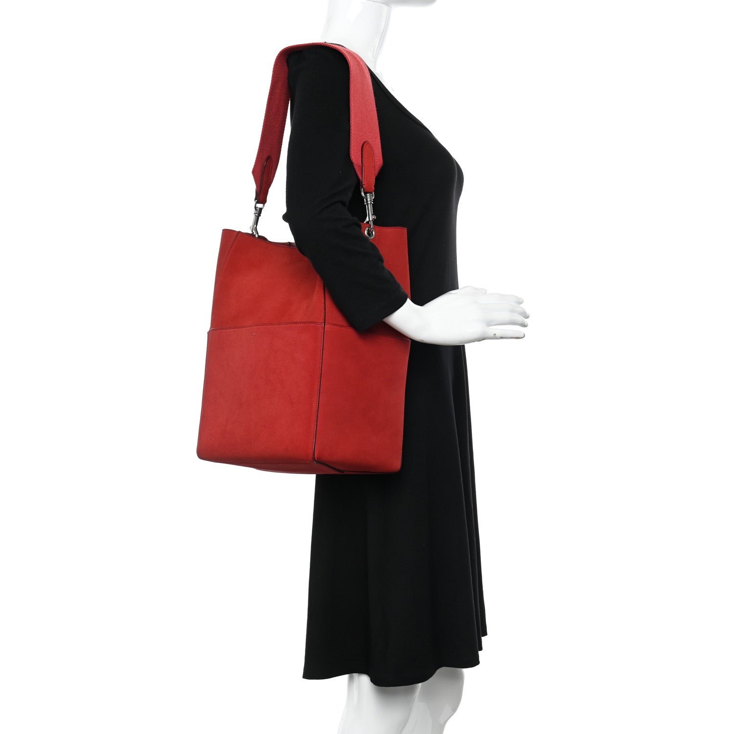 Celine Suede Calfskin Sangle Bucket Bag Red 2 of 11