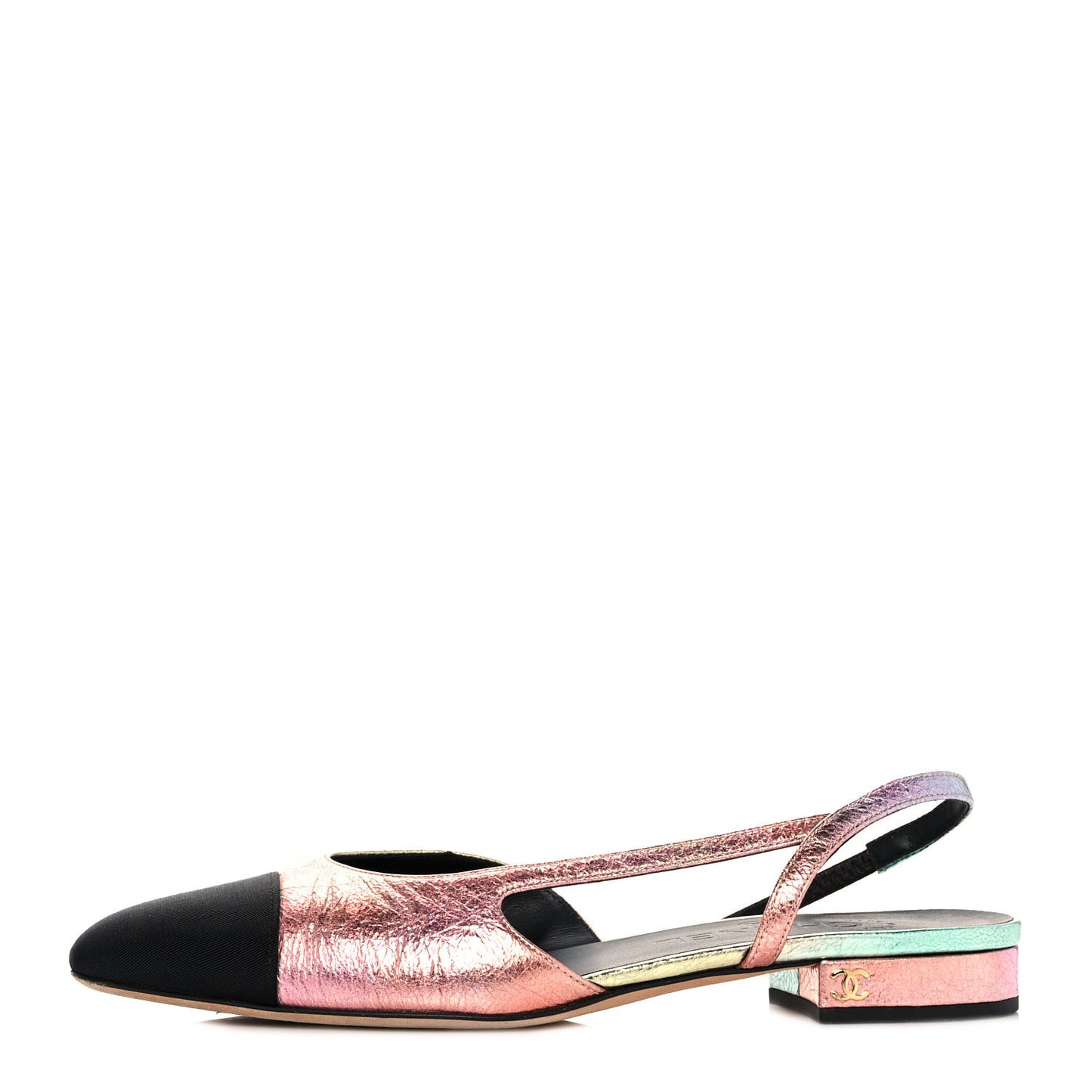 Laminated Calfskin Grosgrain Cap Toe CC Slingback Flats 37.5 Multicolor Black