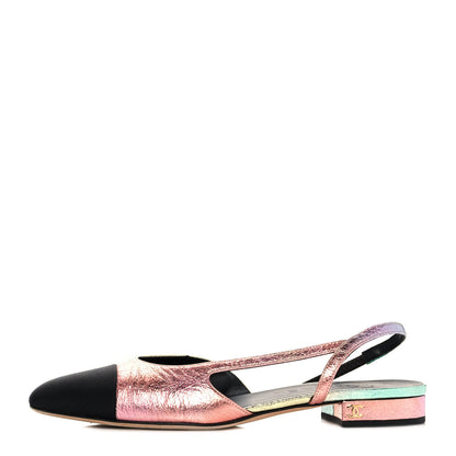 Chanel Laminated Calfskin Grosgrain Cap Toe CC Slingback Flats 37.5 Multicolor Black 1 of 9