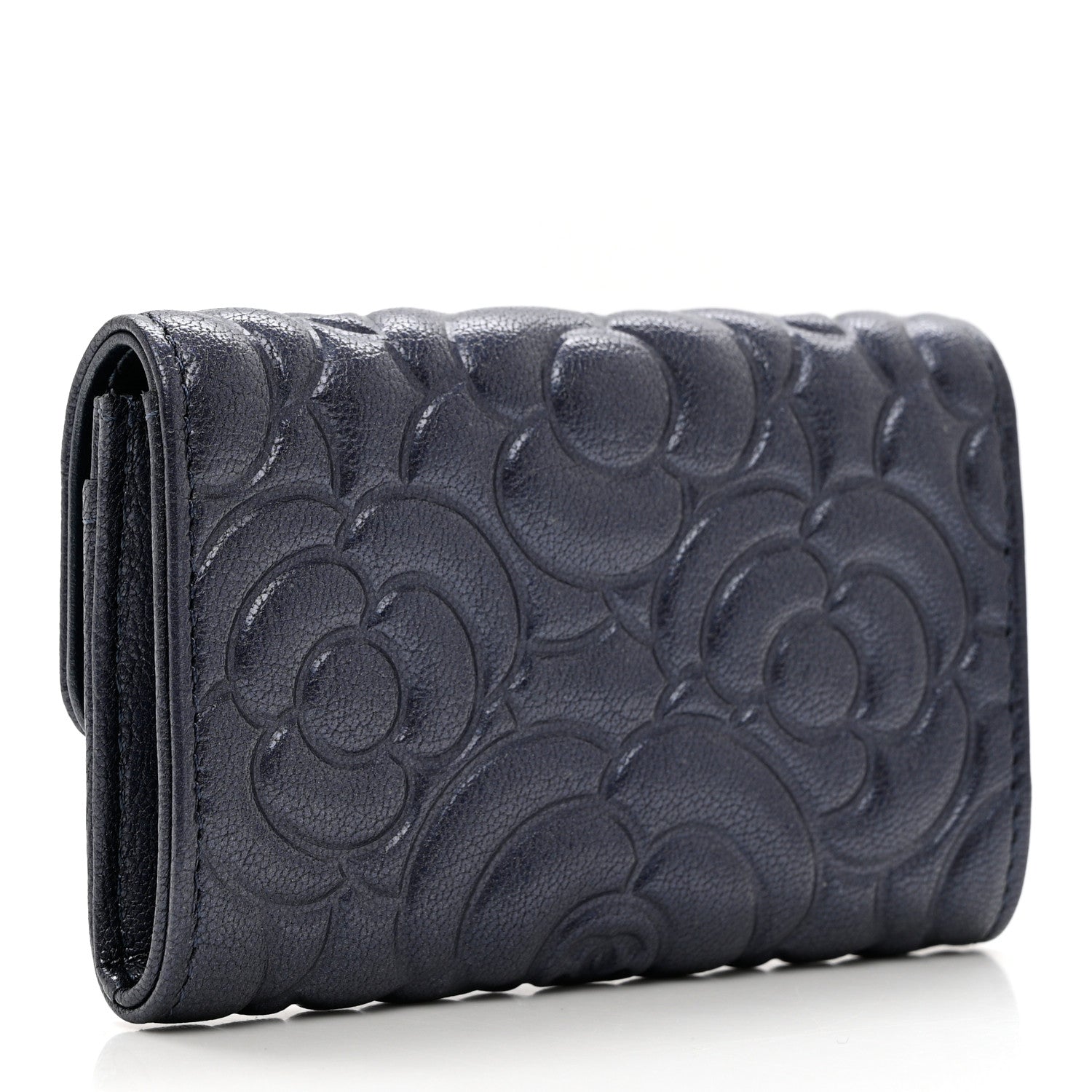 Chanel Goatskin Camellia Embossed Flap Card Holder Wallet Dark Blue 3 of 8