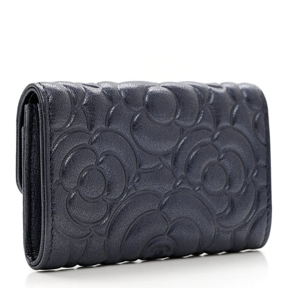Chanel Goatskin Camellia Embossed Flap Card Holder Wallet Dark Blue 3 of 8