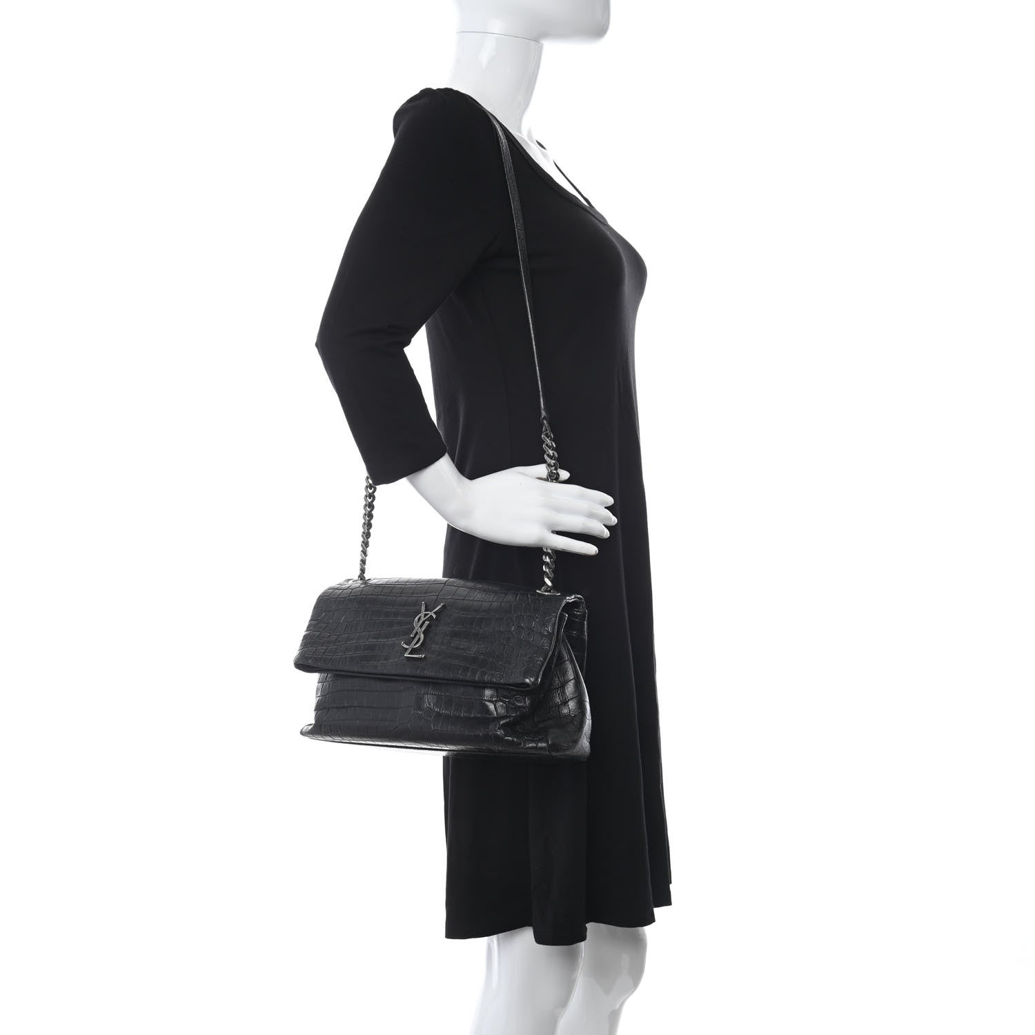Saint Laurent Calfskin Crocodile Embossed West Hollywood Monogram Fold-Over Bag 2 of 9