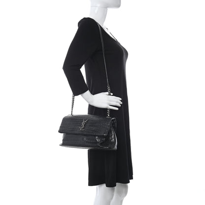 Saint Laurent Calfskin Crocodile Embossed West Hollywood Monogram Fold-Over Bag 2 of 9