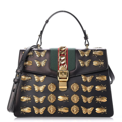 Gucci Calfskin Animal Studs Medium Sylvie Top Handle Bag Black 1 of 9