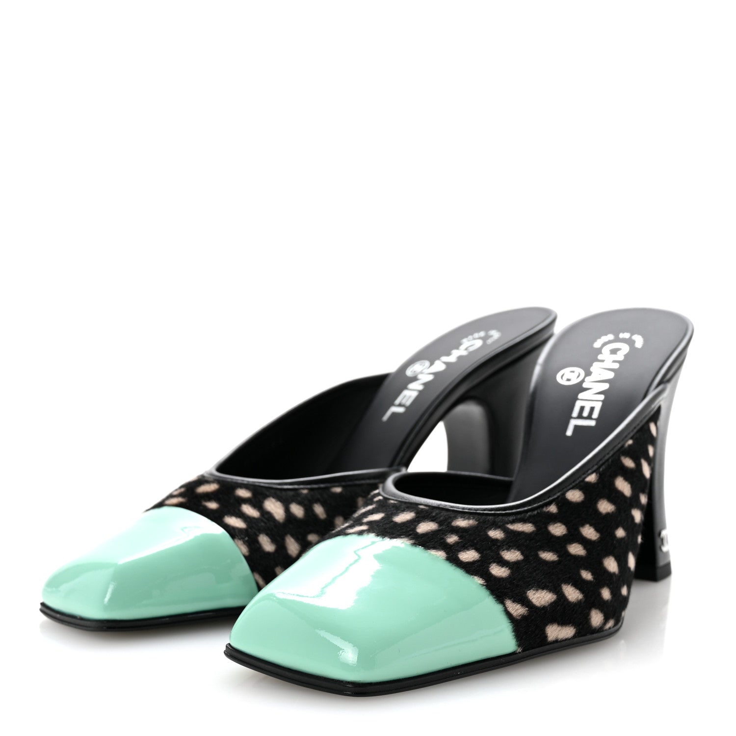 Chanel Pony Hair Lambskin Patent Calfskin Cap Toe Mules 39 Black White Green 4 of 10