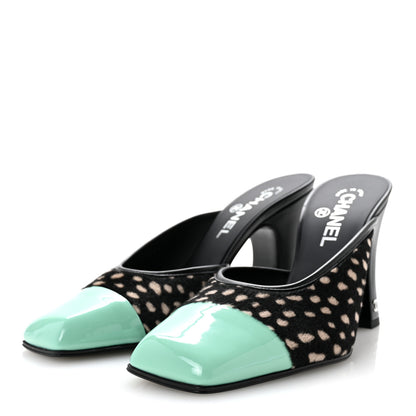 Chanel Pony Hair Lambskin Patent Calfskin Cap Toe Mules 39 Black White Green 4 of 10