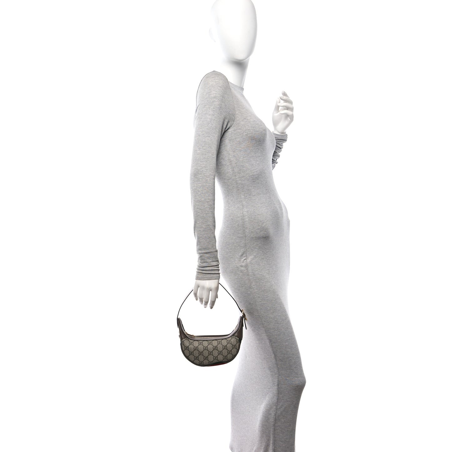 GG Supreme Monogram Textured Calfskin Web Mini Ophidia Half Moon Hobo Beige Ebony New Acero