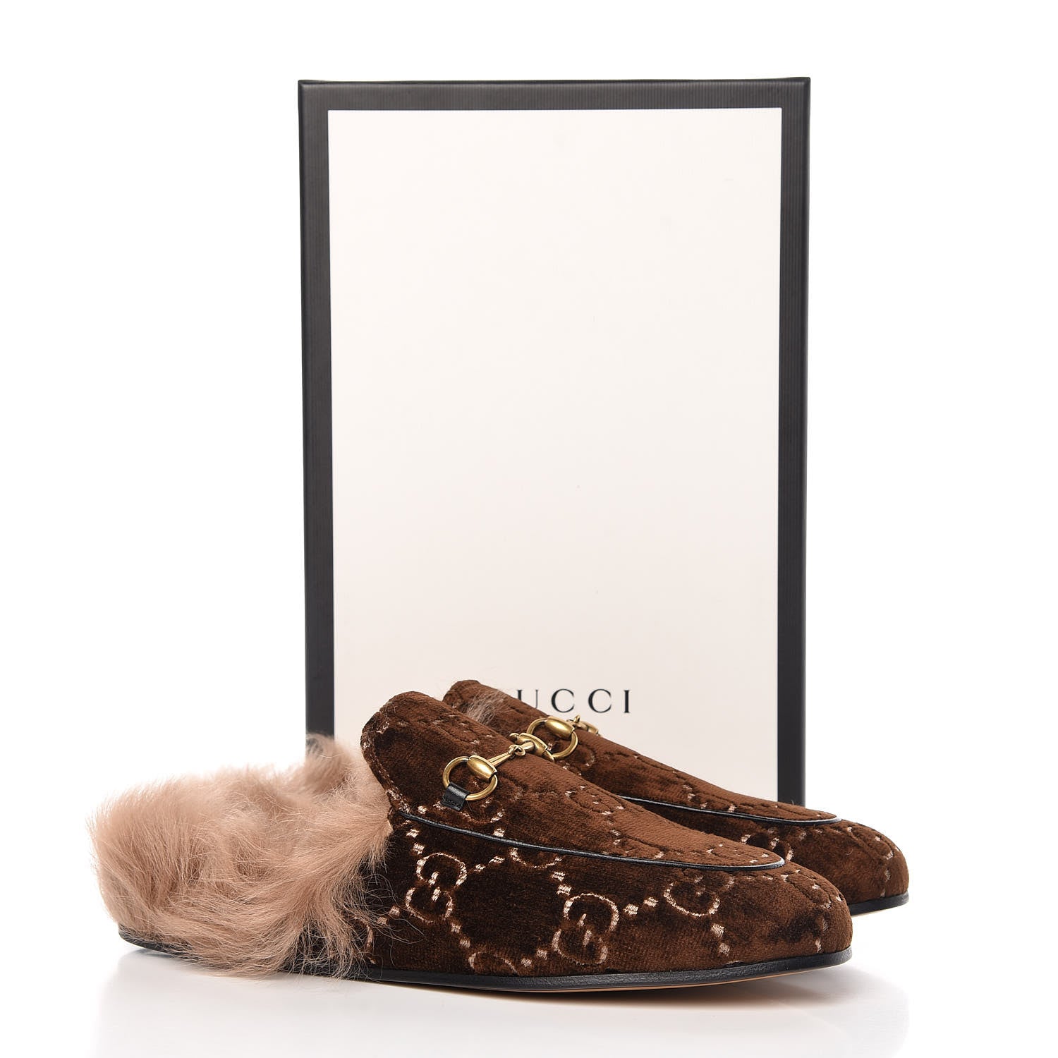 Gucci Velvet GG Monogram Fur Womens Princetown Slippers 39.5 Brown Black Natural 8 of 8
