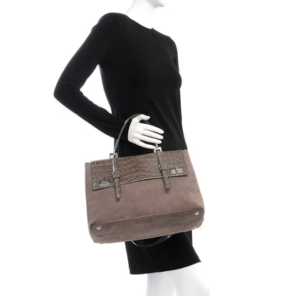 Prada Scamosciato Suede Crocodile Large Convertible Top Handle Tote Grigio 2 of 9