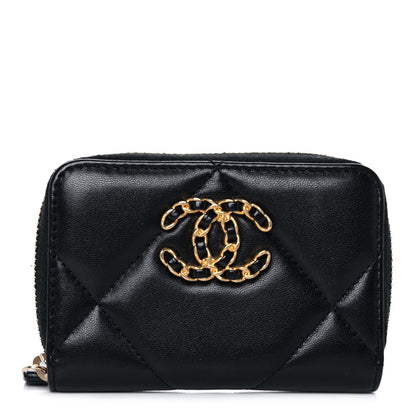Chanel Lambskin Quilted Chanel 19 Zip Around Coin Purse Wallet Black 1 of 12