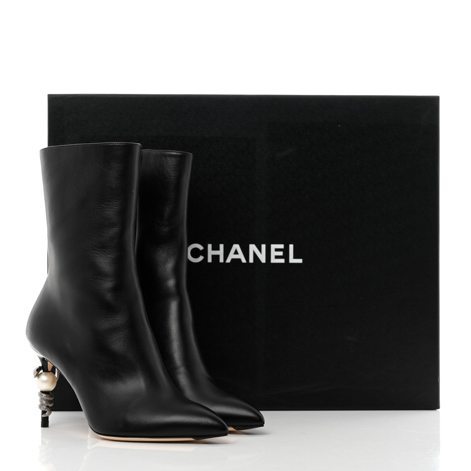 Chanel Lambskin Pearl Snake Ankle Boots 35 Black 10 of 10