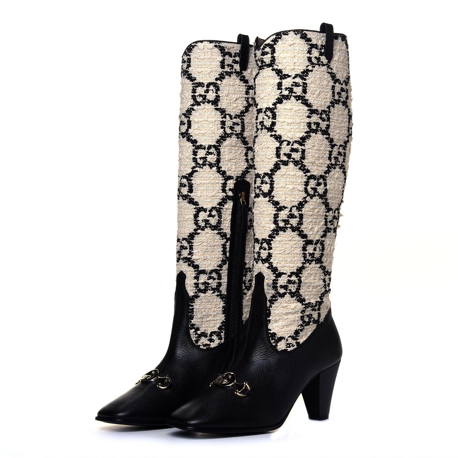 Gucci Tweed GG Monogram Wrinkled Kid Zumi Knee Boots 38.5 Natural Black 2 of 6
