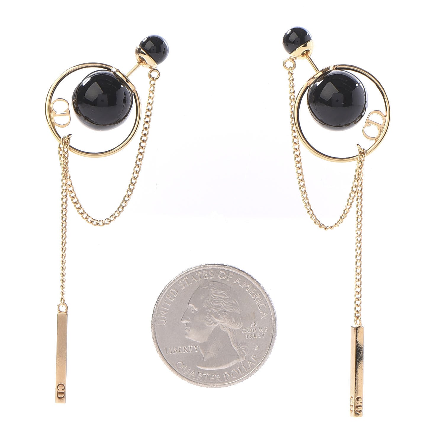 Christian Dior Pearl Tribales Dangle Chain Earrings Black Gold 2 of 4