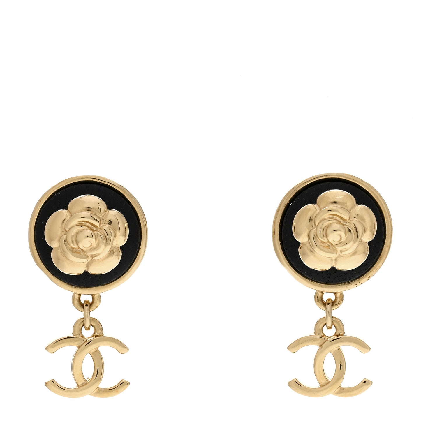 Metal Lambskin Camellia CC Drop Earrings Gold Black