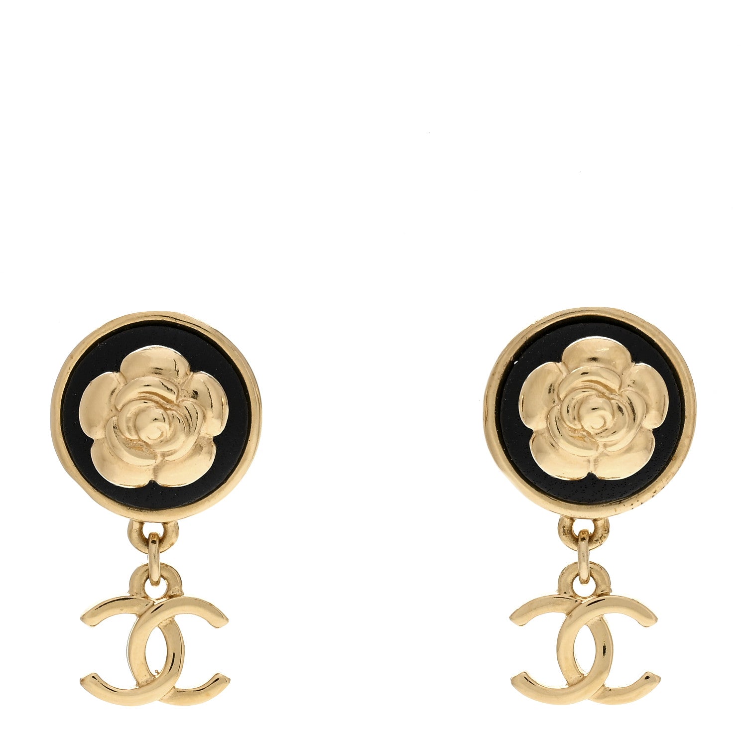 Chanel Metal Lambskin Camellia CC Drop Earrings Gold Black 1 of 4