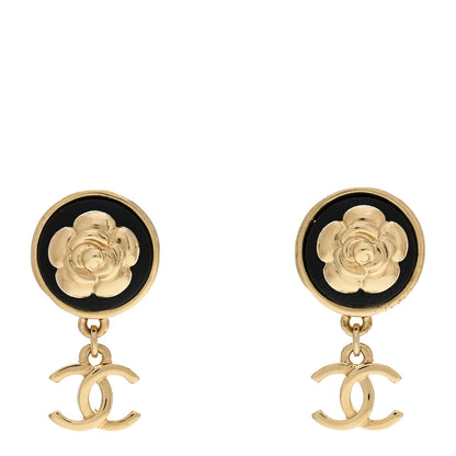 Chanel Metal Lambskin Camellia CC Drop Earrings Gold Black 1 of 4