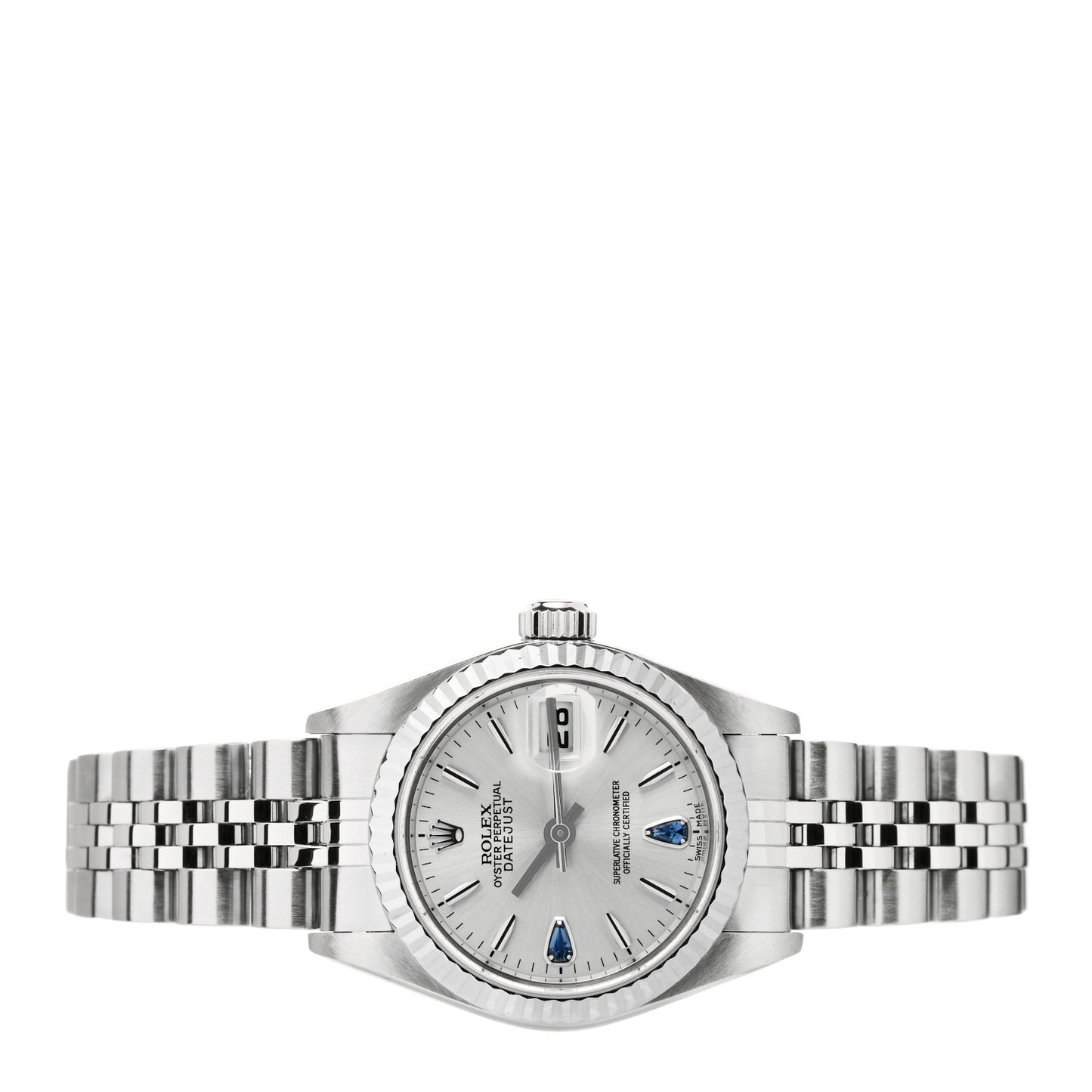 Stainless Steel 18K White Gold Blue Sapphire 26mm Oyster Perpetual Datejust Watch Silver 79174